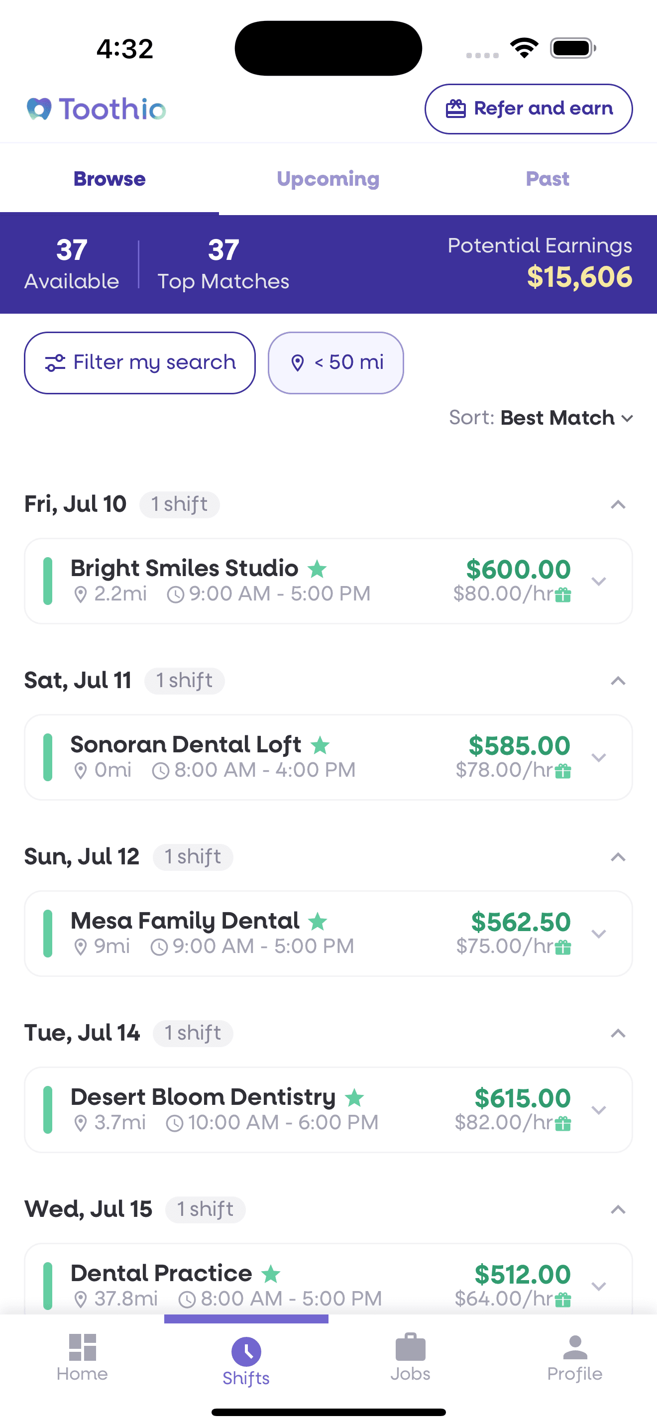 Toothio Pro shift feed with nearby shifts and rates shown upfront